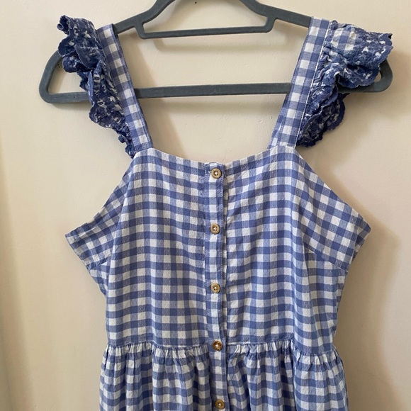 SHABBY CHIC BLUE GINGHAM EMBROIDERED LACE MAXI DRESS SHORT SLEEVE GRANDMA CORE - Picture 4 of 10